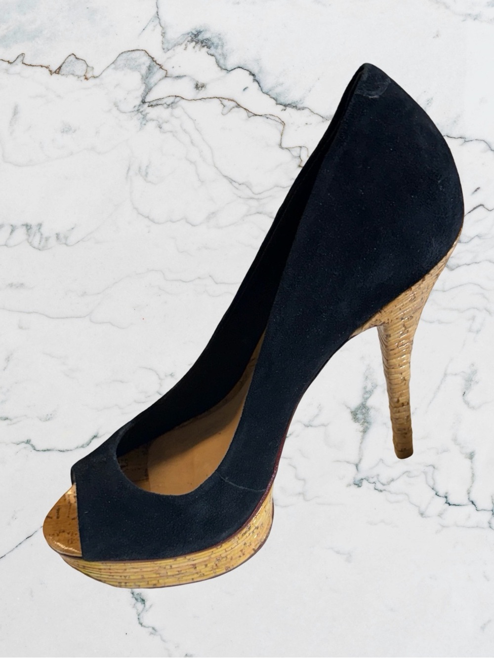 Schutz Black Suede Peep-Toe Platform Stiletto Heels Cork Bamboo Texture Sz 10 - Picture 5 of 13